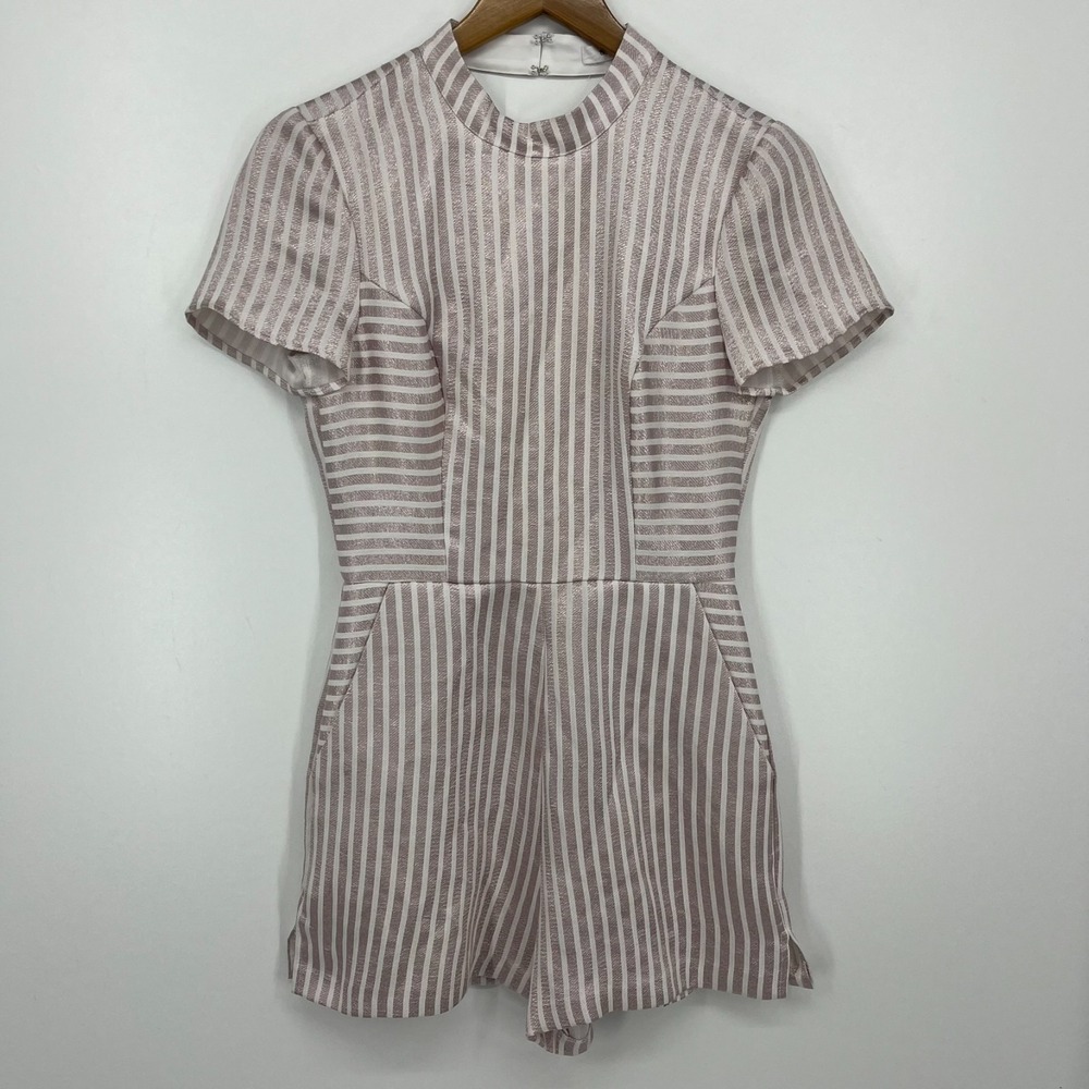 BCBGeneration Bodysuit Women's 6 White Striped‎ Metallic Rose Shorts High Neck